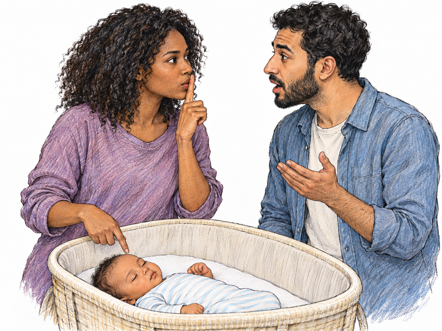 A woman directs a clear finger-to-lips gesture at a man who is talking beside a sleeping infant.