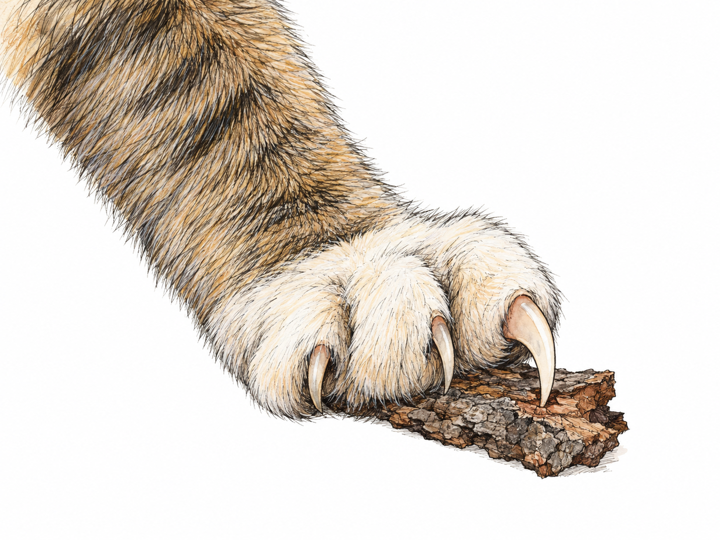 Close-up of a cat's forepaw gripping a small piece of bark, with sharp curved claws visibly emerging from the toes.