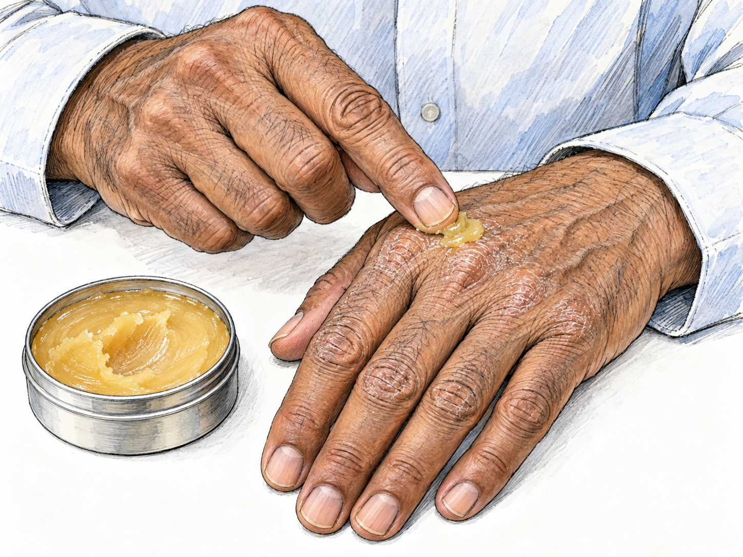 An open tin of thick skin salve beside an older man's hands as he smooths a small dab onto dry, intact knuckles.