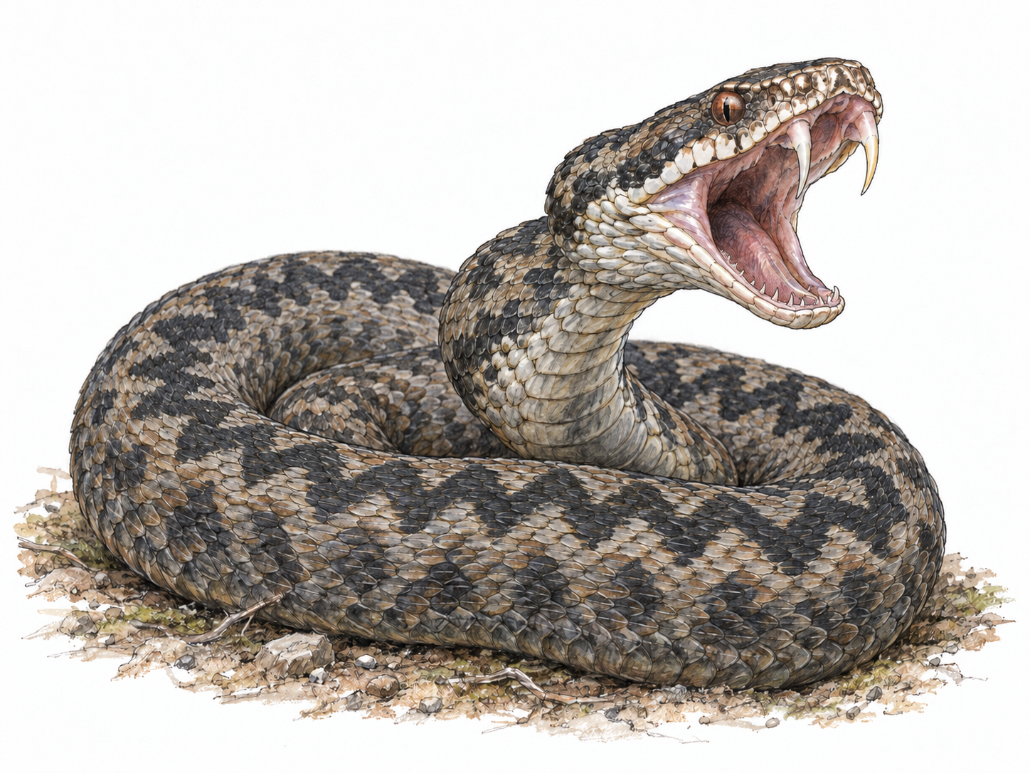A coiled European adder with its mouth open in a defensive gape, clearly revealing the long, curved upper fangs rotated forward from the roof of its mouth.