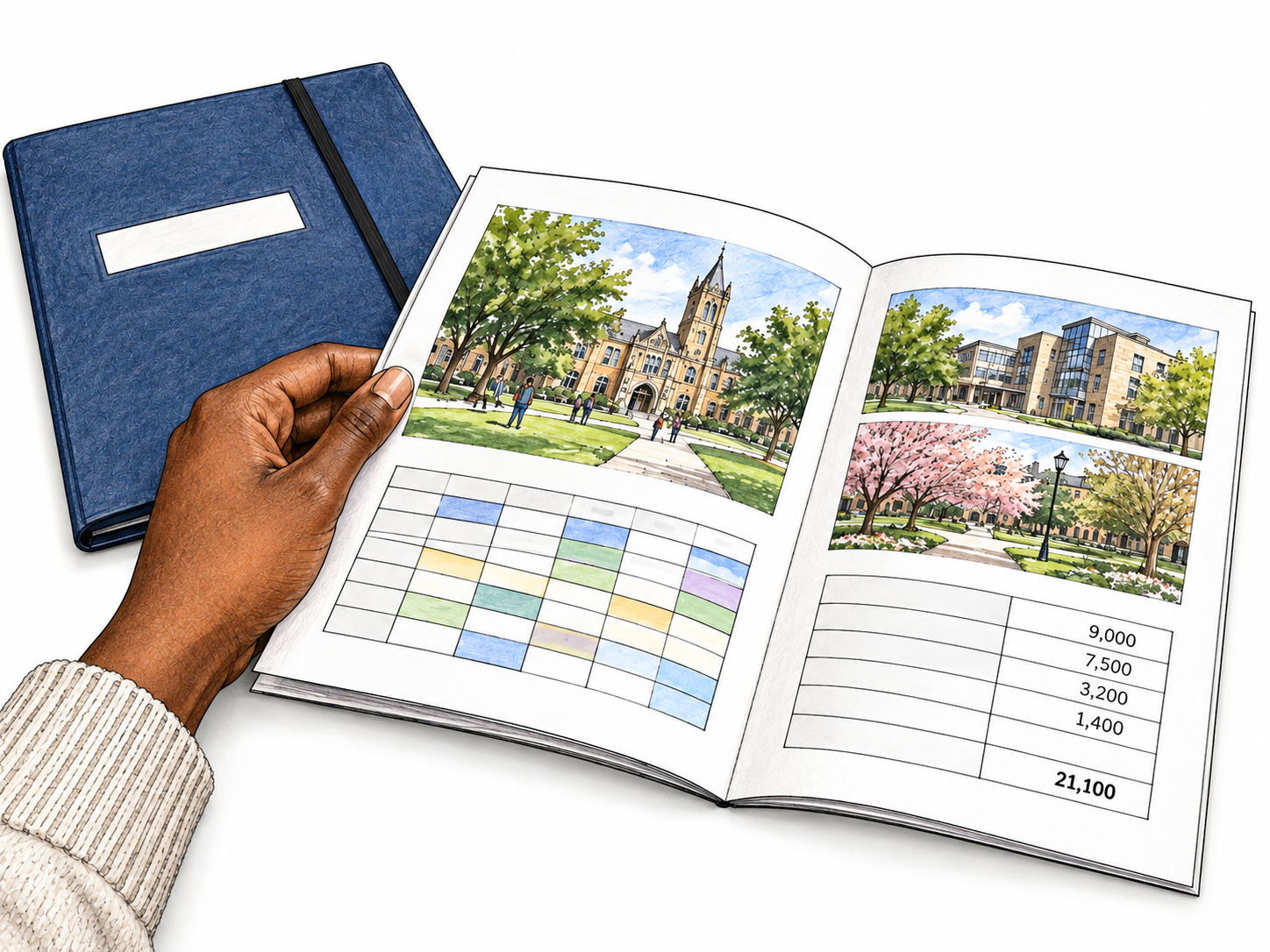 Open proposed-college brochure on desk shows small campus drawing, simple course timetable grid and fee figures only, no headings or prose.