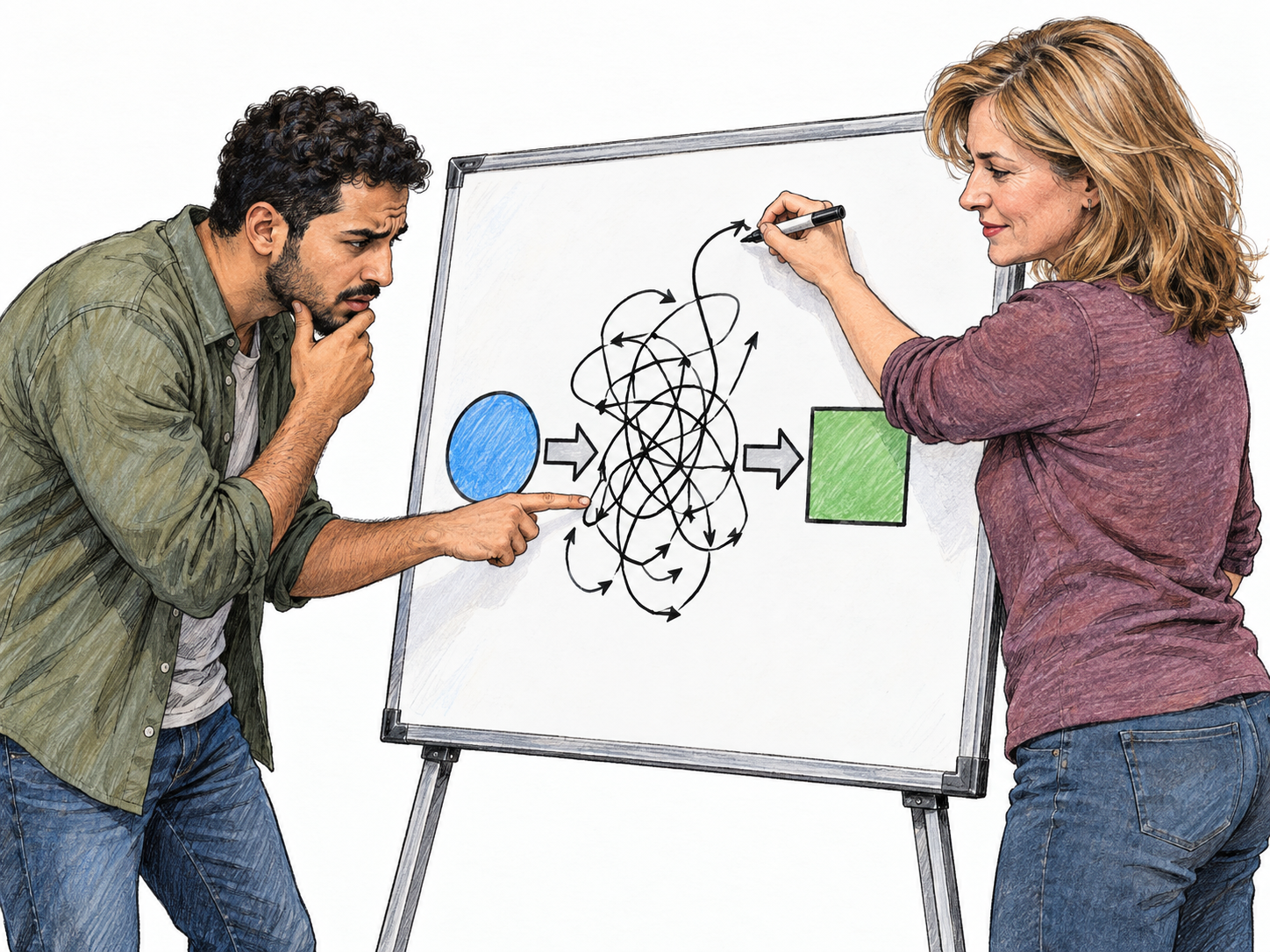 A presenter makes a simple visual process difficult to follow by drawing a dense tangle of extra arrows over its clear three-step diagram, while a viewer struggles to trace the route.