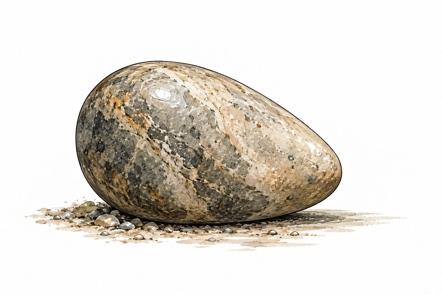 A smooth three-dimensional egg-shaped stone, broader one end and narrower the other.