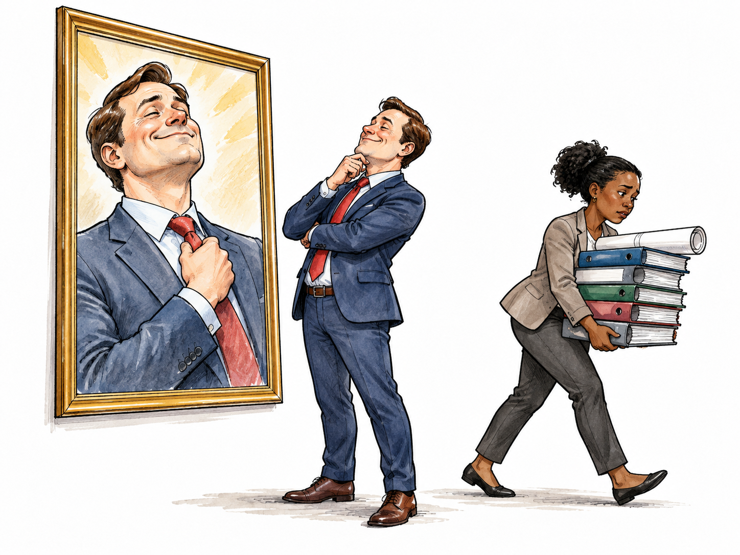 An adult man admires an oversized portrait of himself while overlooking a colleague carrying their shared project; self-important posture and proud smile.