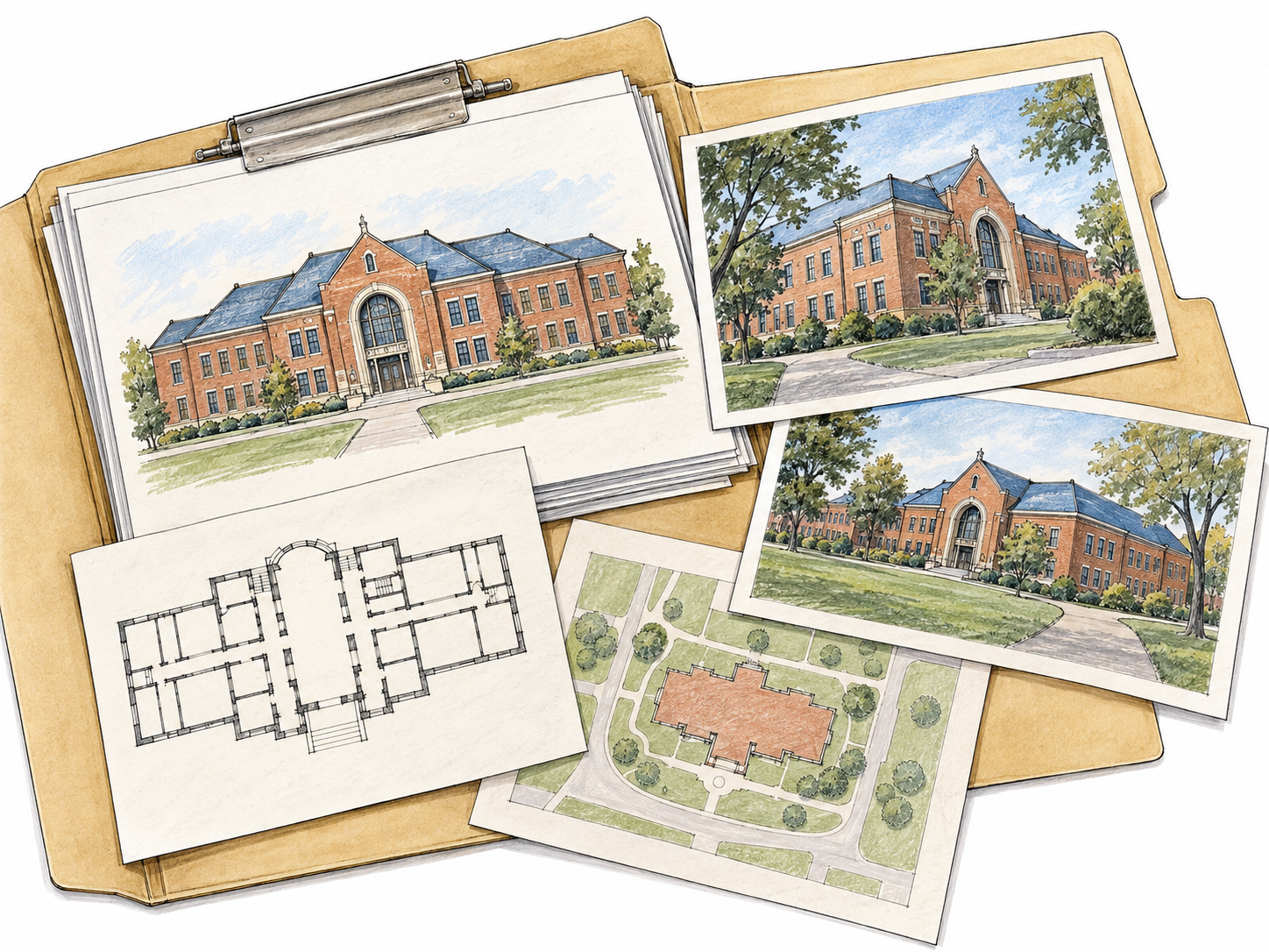 An open, thick document folder containing a collected file about one distinctive building: photographs, a site map, a floor plan, and an elevation drawing.