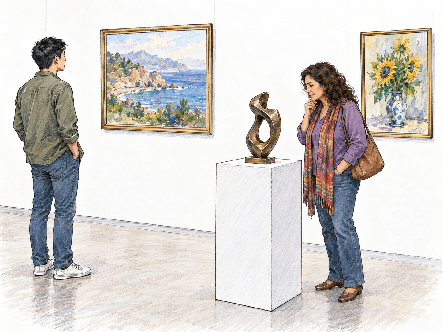 Visitors browse a small public art exhibition: two framed paintings hang in a spaced display beside a sculpture on a plinth, while one visitor studies a painting and another examines the sculpture.