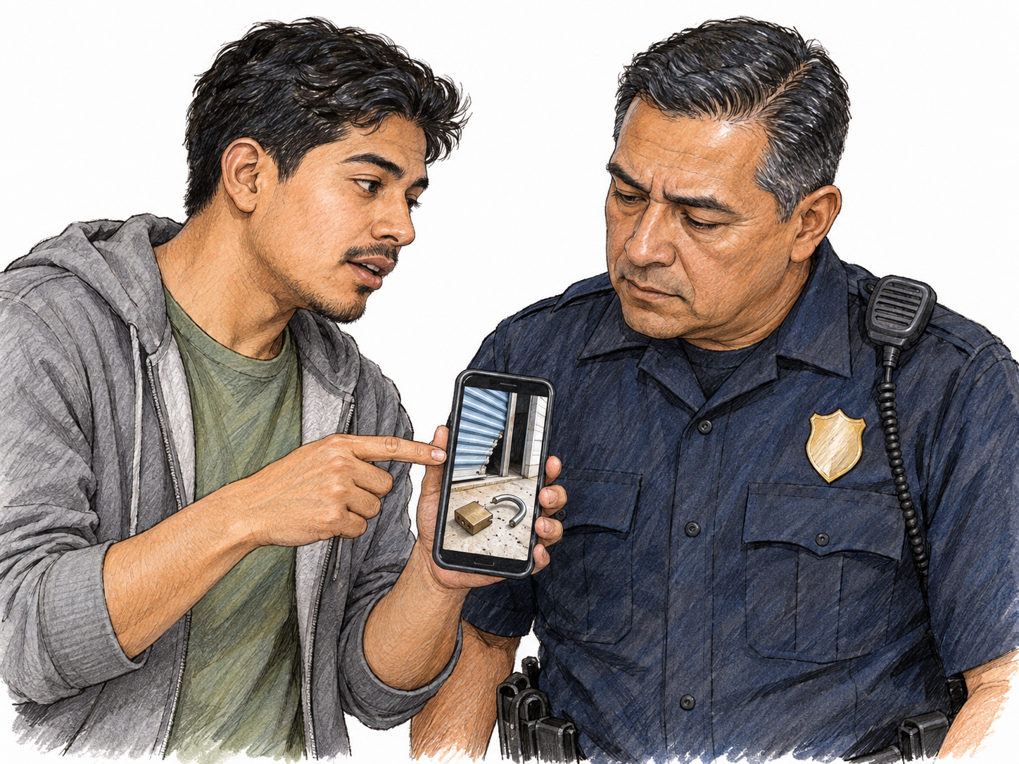 A young adult informer discreetly reports suspected illegal activity to an older police officer, showing him a text-free phone photograph of a cut padlock and a forced-open storage-unit door.