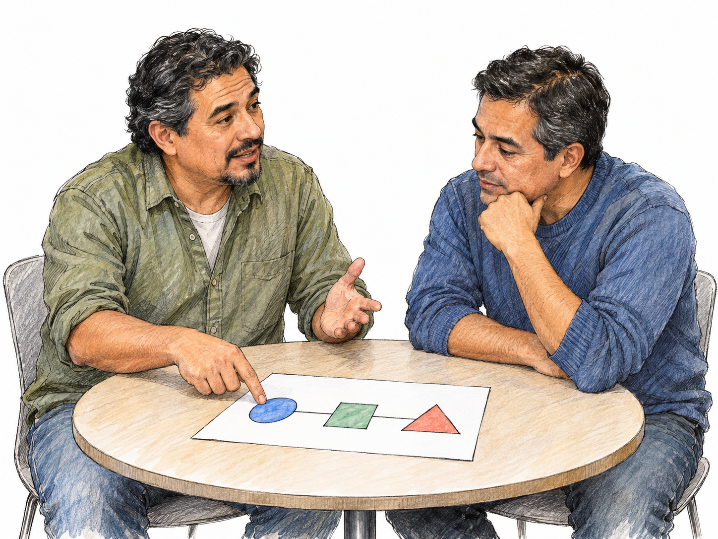 A communicator explains a simple idea to an attentive colleague, pointing to a text-free diagram of three connected shapes on a sheet of paper.