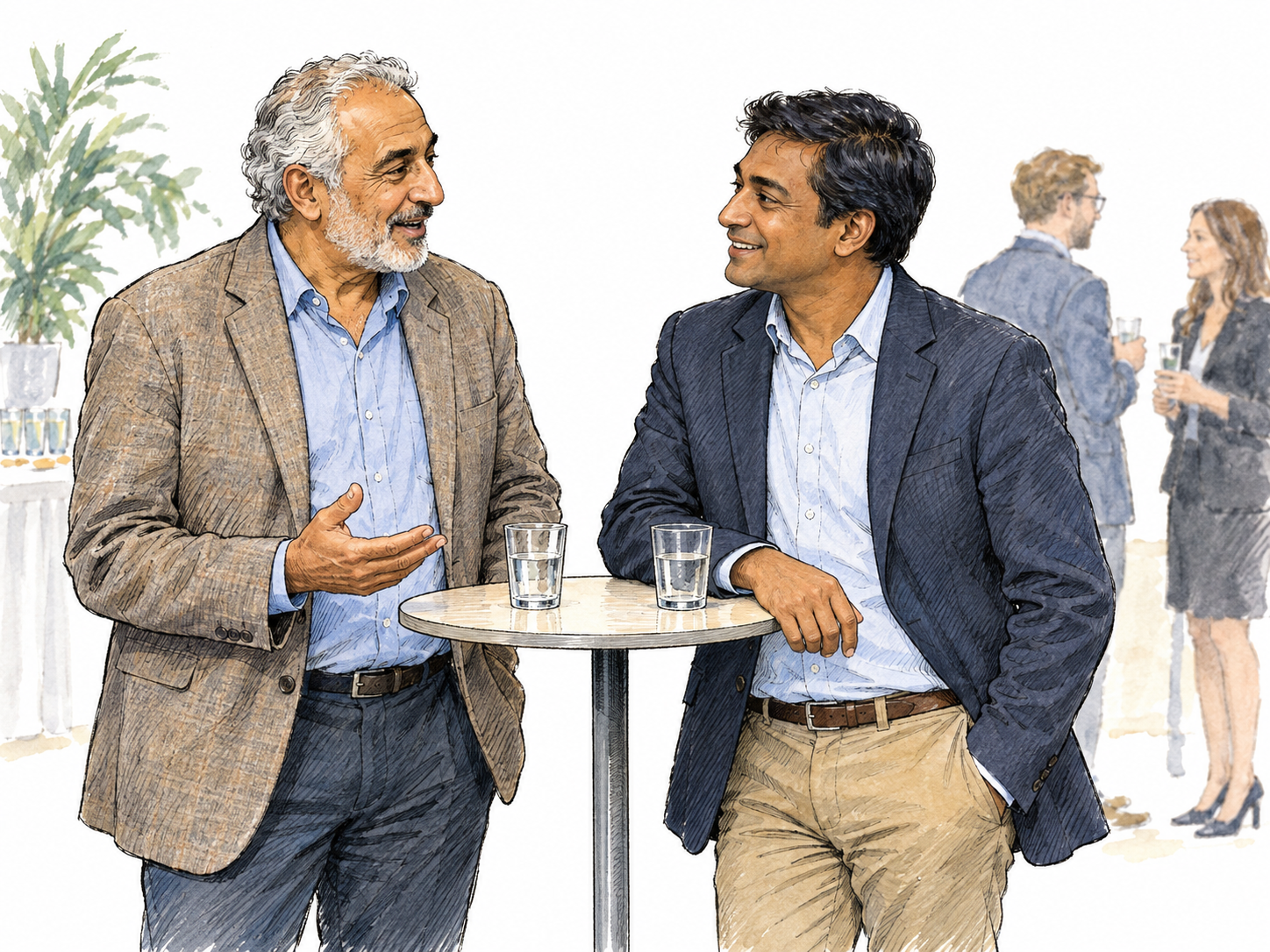 At a professional reception, an older man engages another guest in relaxed, animated conversation beside a cocktail table.