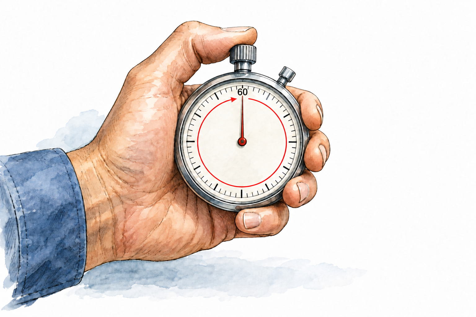 Analog stopwatch with second hand and dial ticks, one circular motion arrow makes full sixty-second revolution, only essential small numerals 0 and 60.