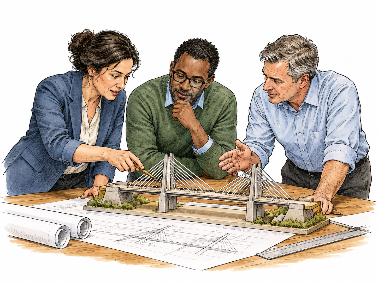 Representatives of three engineering organizations collaborate over one bridge model.