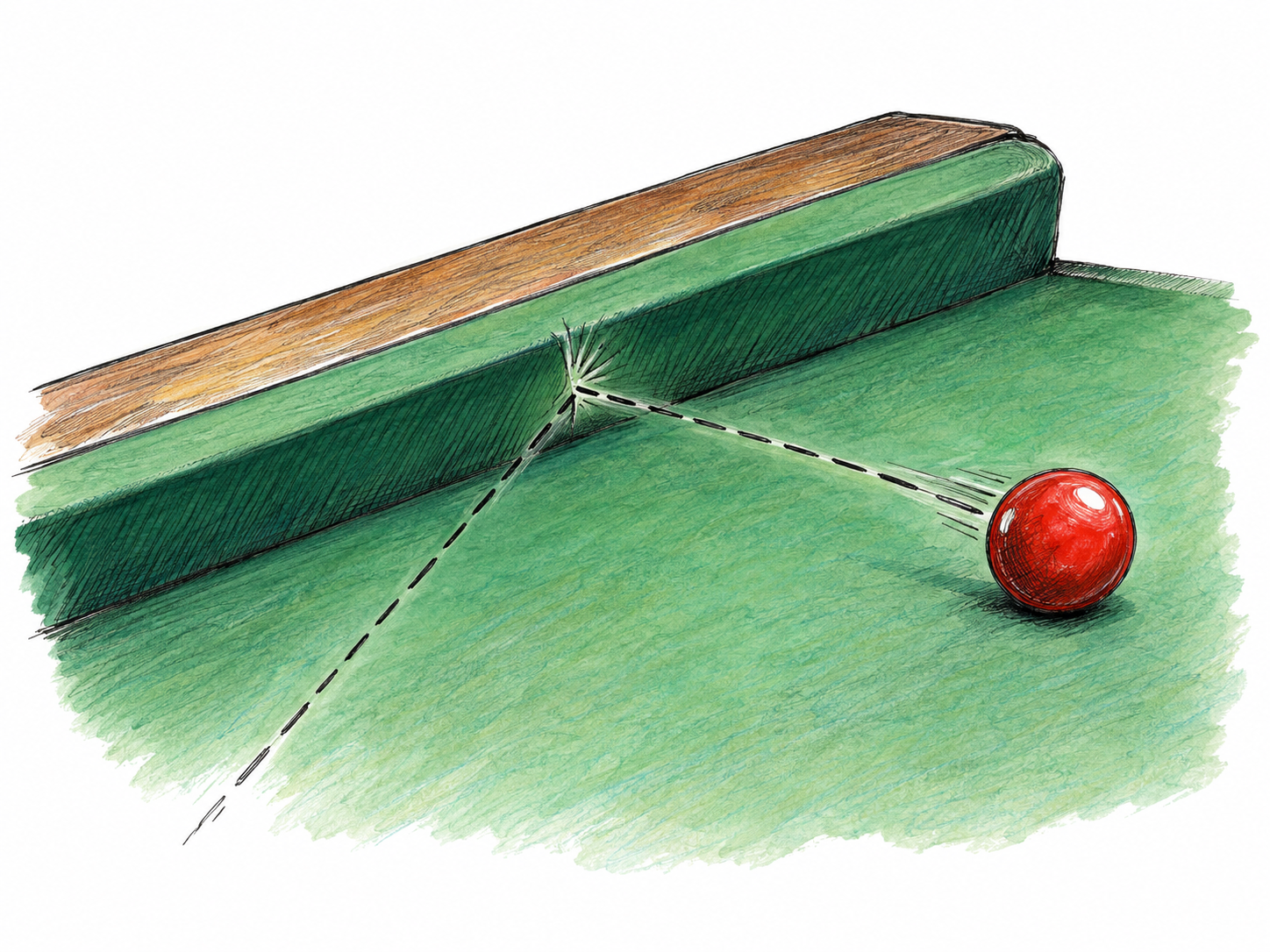 A billiard ball rebounds diagonally from a cushion, with a sparse ink motion trail bending sharply at the visible point of impact.