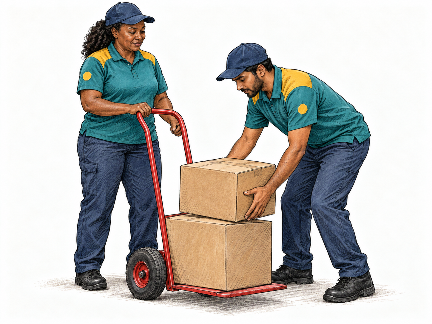 Two delivery-service coworkers wear the same distinctive work uniform while loading plain parcels onto a hand truck.