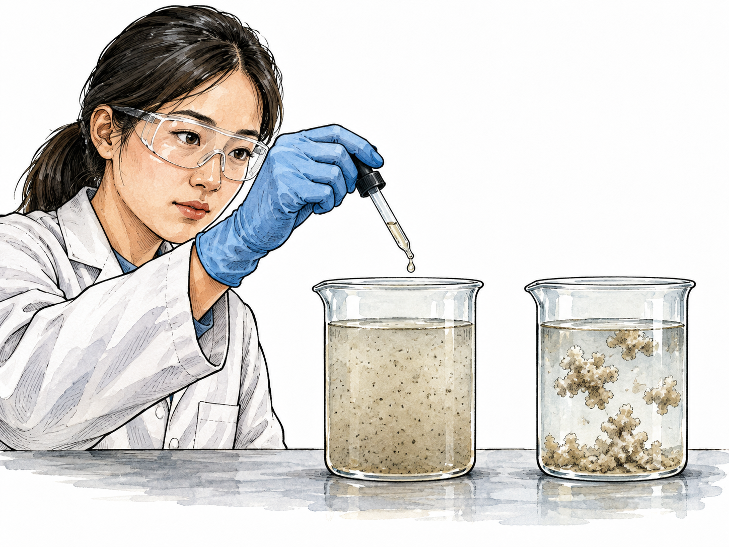 A gloved East Asian laboratory worker adds a small drop of coagulant to a cloudy water beaker where suspended particles gather into visible flocs.