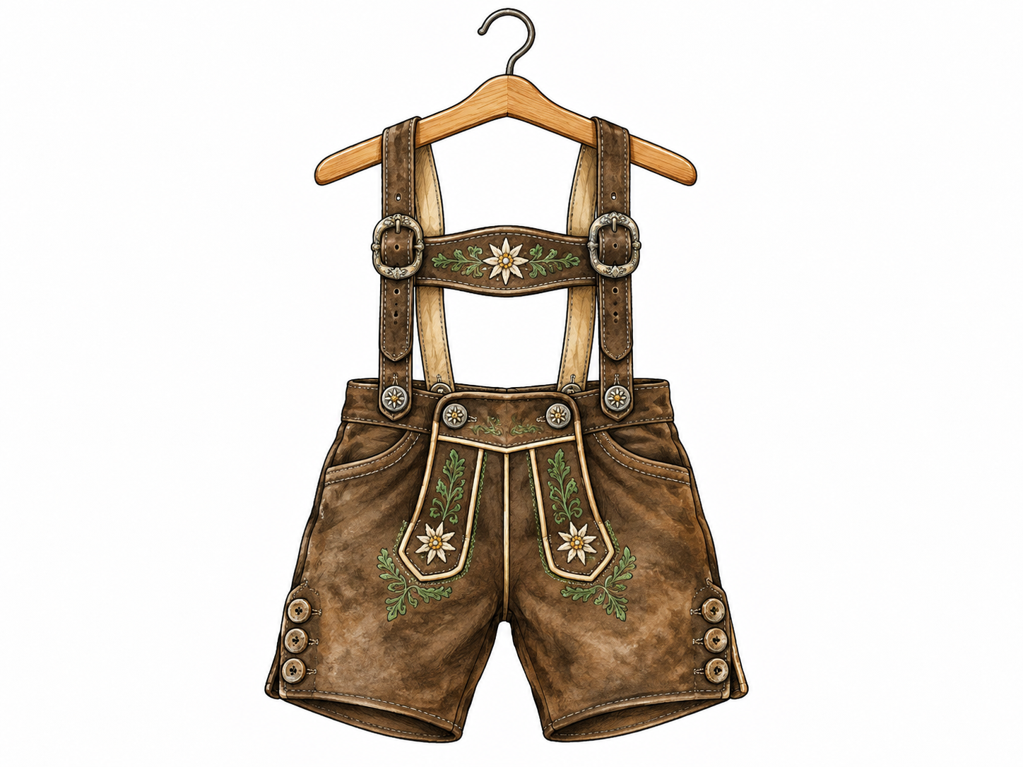 Traditional Bavarian short leather breeches with suspenders hang clearly from a plain wooden hanger, showing leather texture and embroidery without lettering.