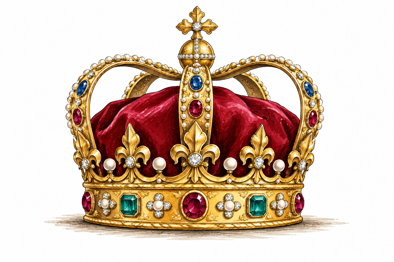 A royal golden crown with arches jewels and velvet cap, clear symbol of royalty, object only.
