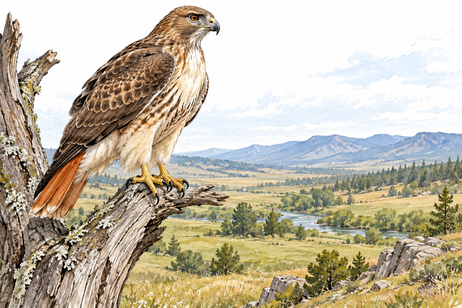 A realistic red-tailed hawk perched prominently on a weathered branch, hooked beak, sharp talons and layered brown feathers clearly visible, alert golden eye scanning the meadow.