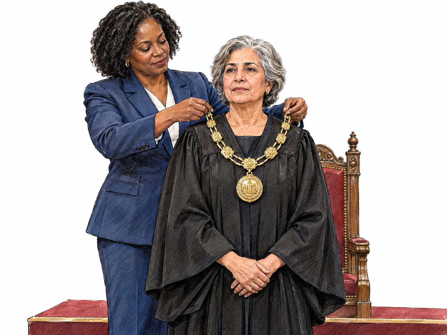 A formal civic investiture: an officiant ceremonially places a substantial gold chain of office around a new officeholder’s shoulders as she stands solemnly on a low dais.