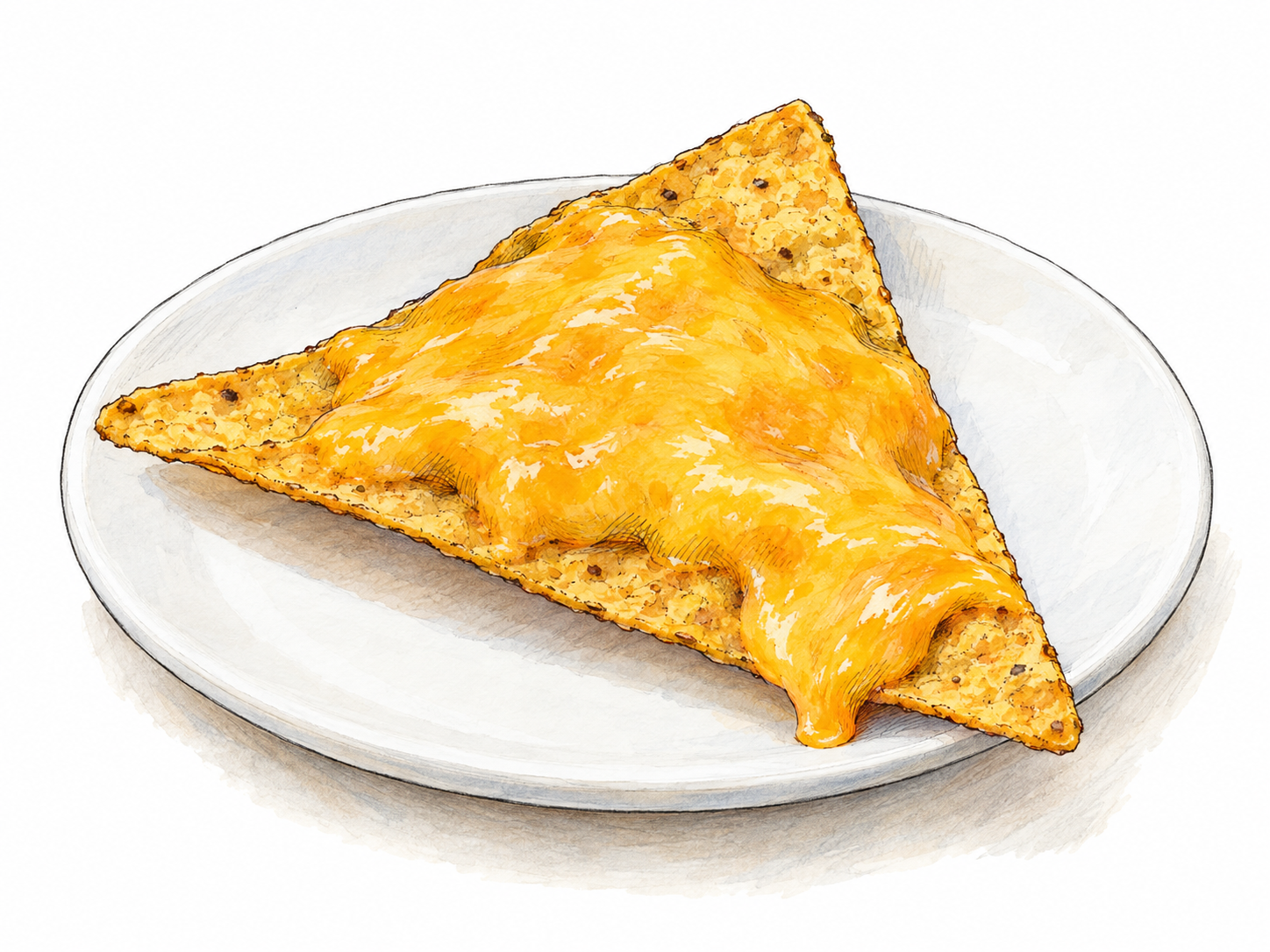 A close-up of a crisp triangular tortilla chip topped with glossy melted cheese on a small plain plate, with the exposed corn-chip edges clearly visible.