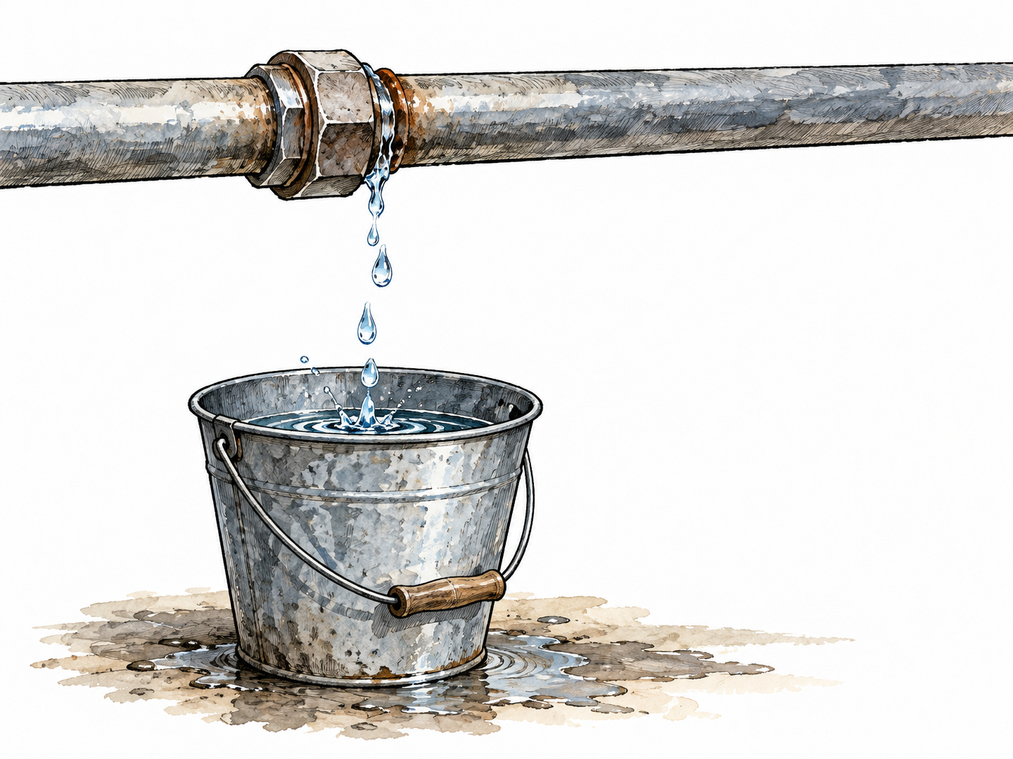 Water unintentionally drips from a leaking pipe joint into a bucket.