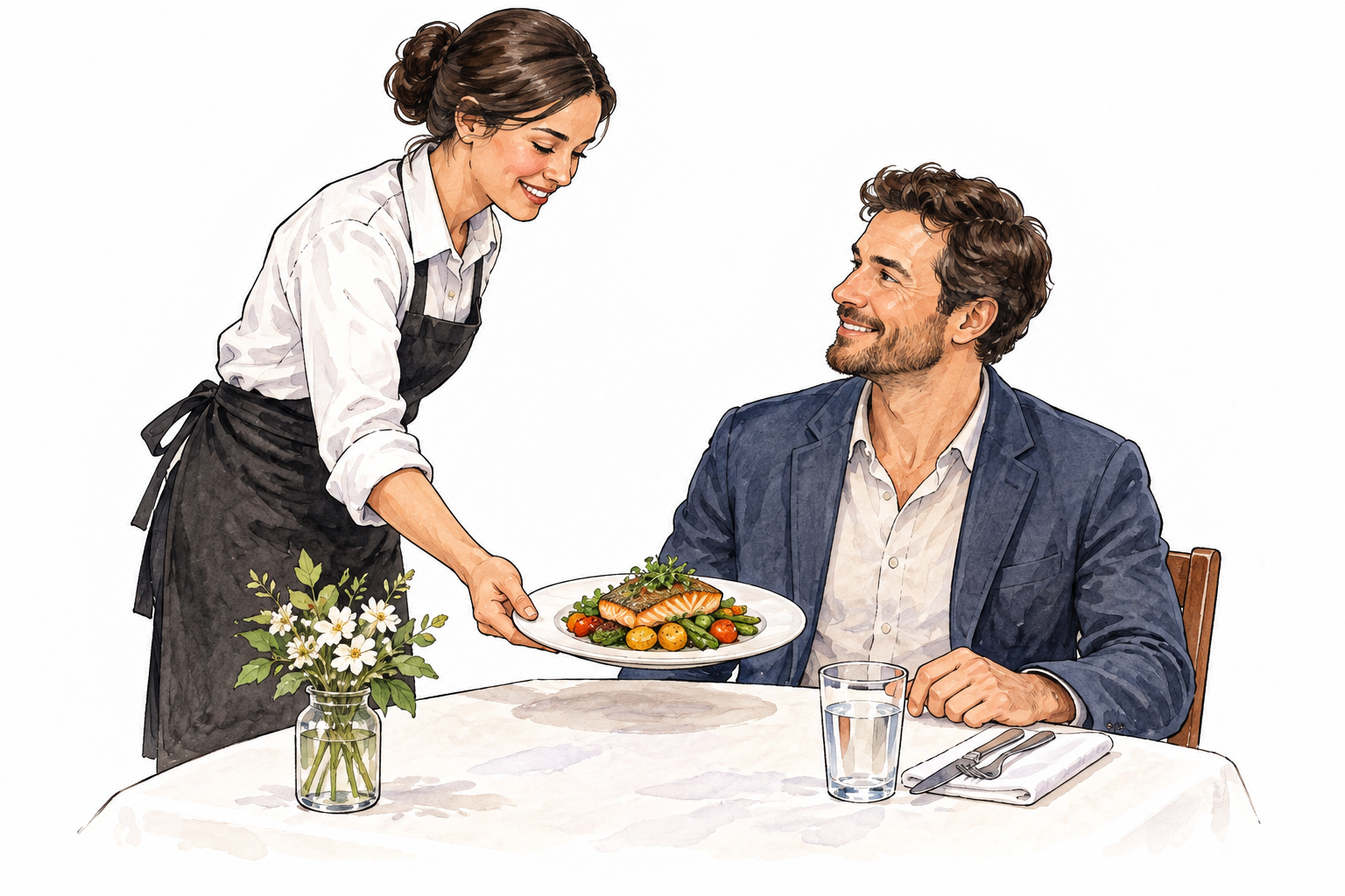 A server offering a plate of food to a seated guest, clear act of serving, unlettered tableware.
