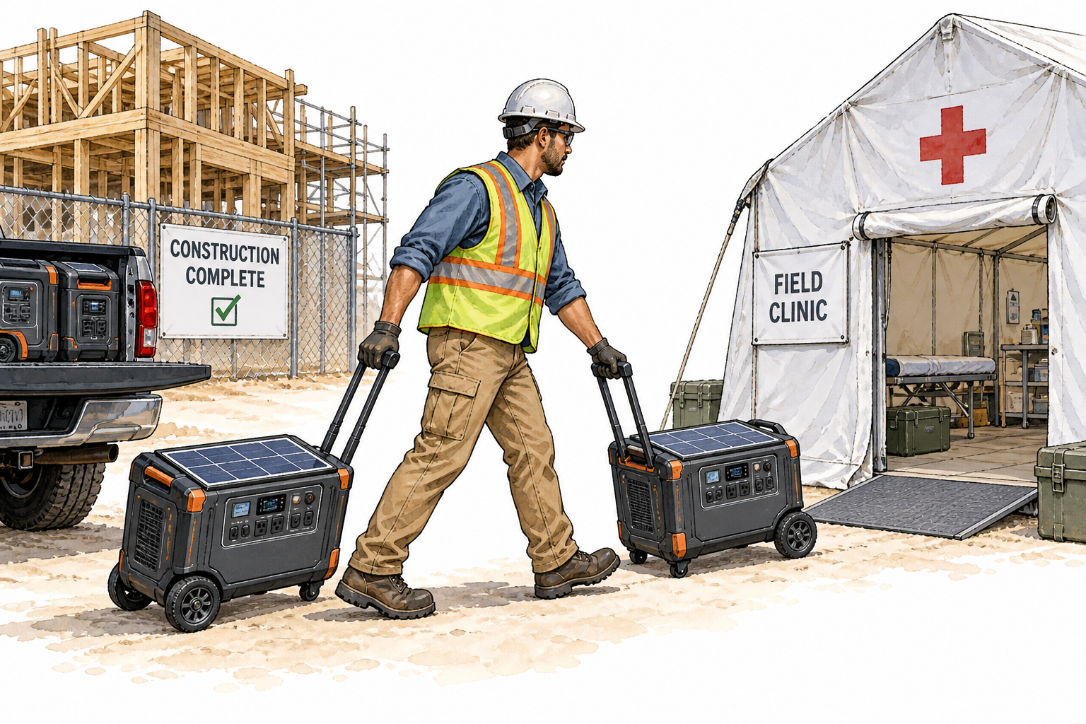 Engineer moves portable solar generators from finished construction site to new field clinic, reassignment clear.
