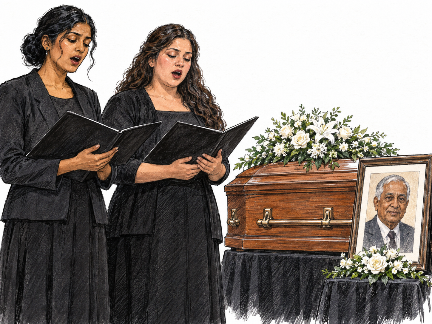 A small contemporary memorial performance: two solemn singers perform beside a flower-covered closed coffin and a framed portrait of the deceased, making the music's commemorative purpose visible.