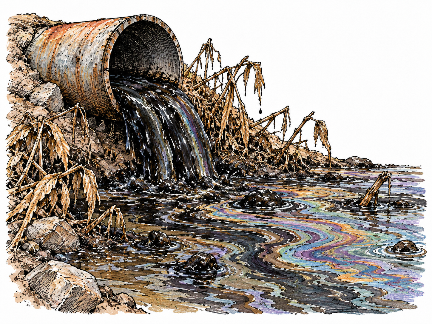 An industrial drain dumps foul oily sludge into a clean stream, dead vegetation at outlet makes extremely bad conduct/result clear, no dead animals or words.