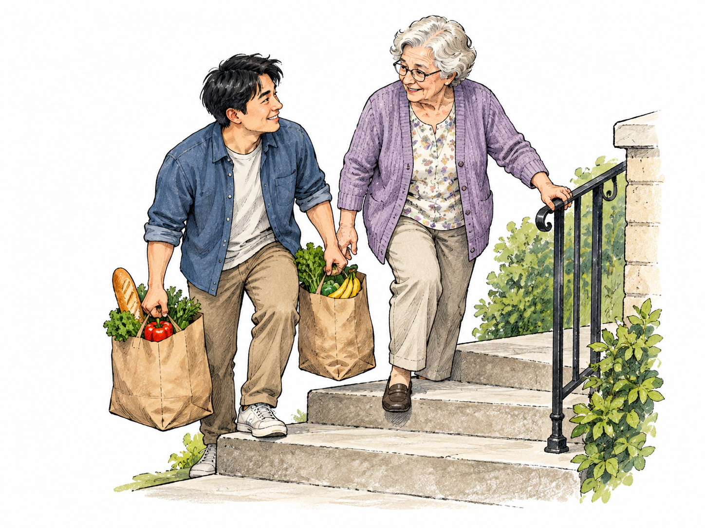 An adult stops to help an older neighbor carry groceries up a short flight of stairs, gentle considerate expressions and safe grip.