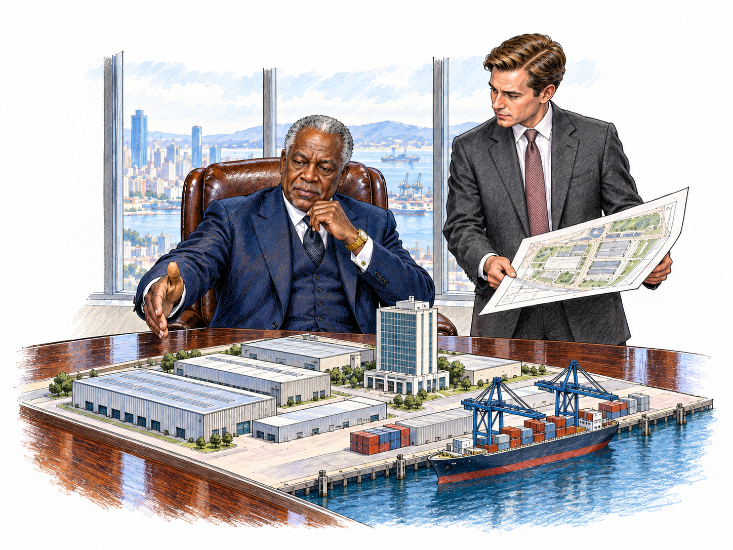 A wealthy industrial magnate presides over a high-level business presentation in a luxurious penthouse office.