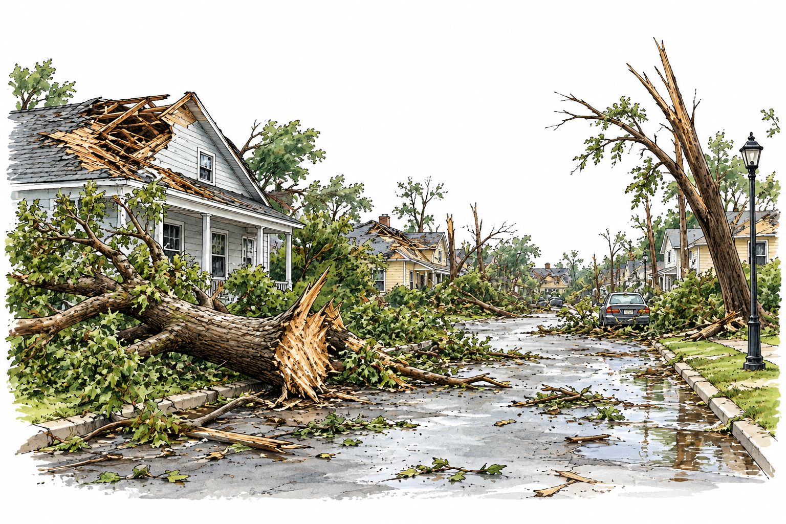 A storm-devastated street with damaged roofs and fallen trees, no injured people, no signs or writing.