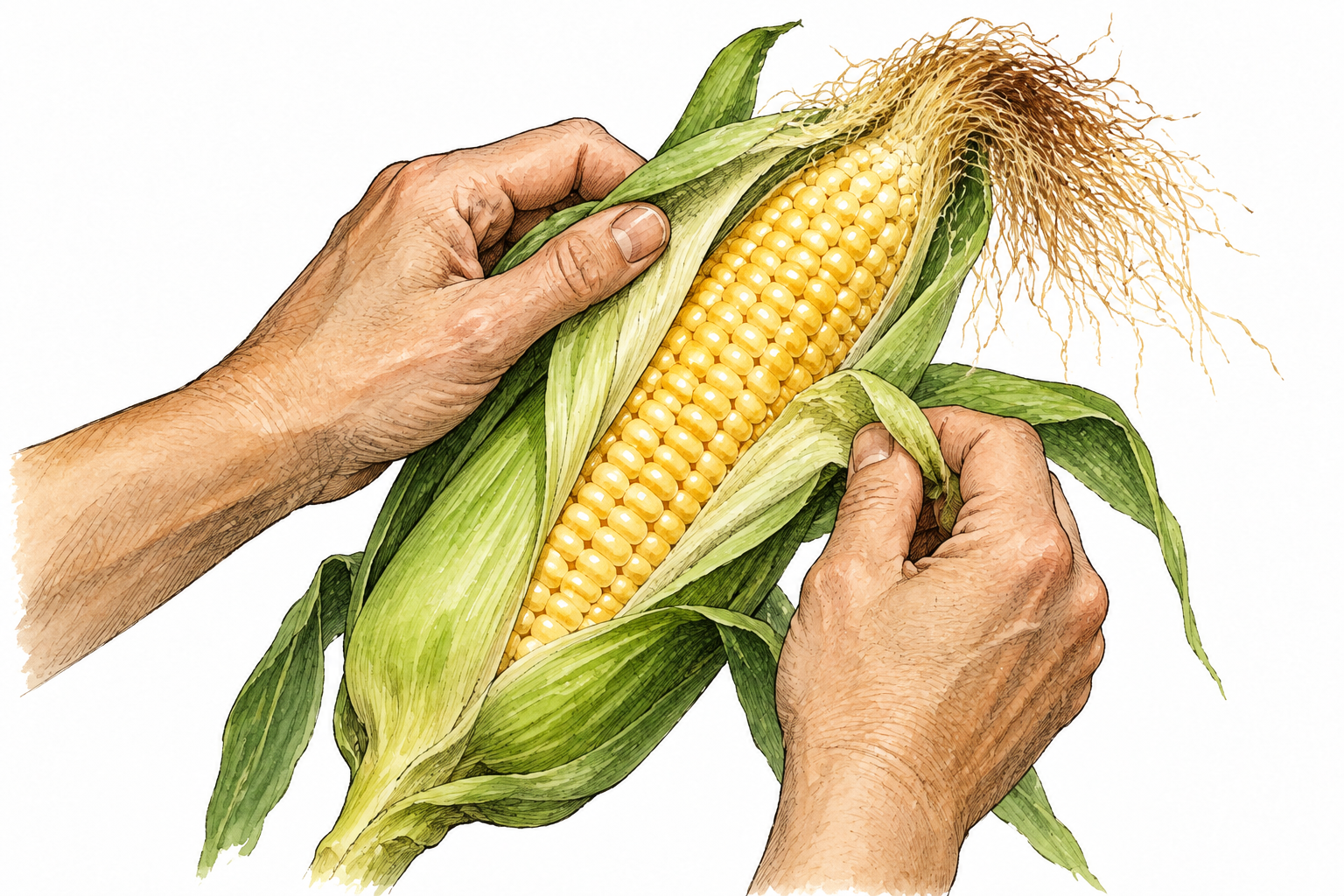 Hands peel green husks from a ripe ear of corn, yellow kernels revealed.
