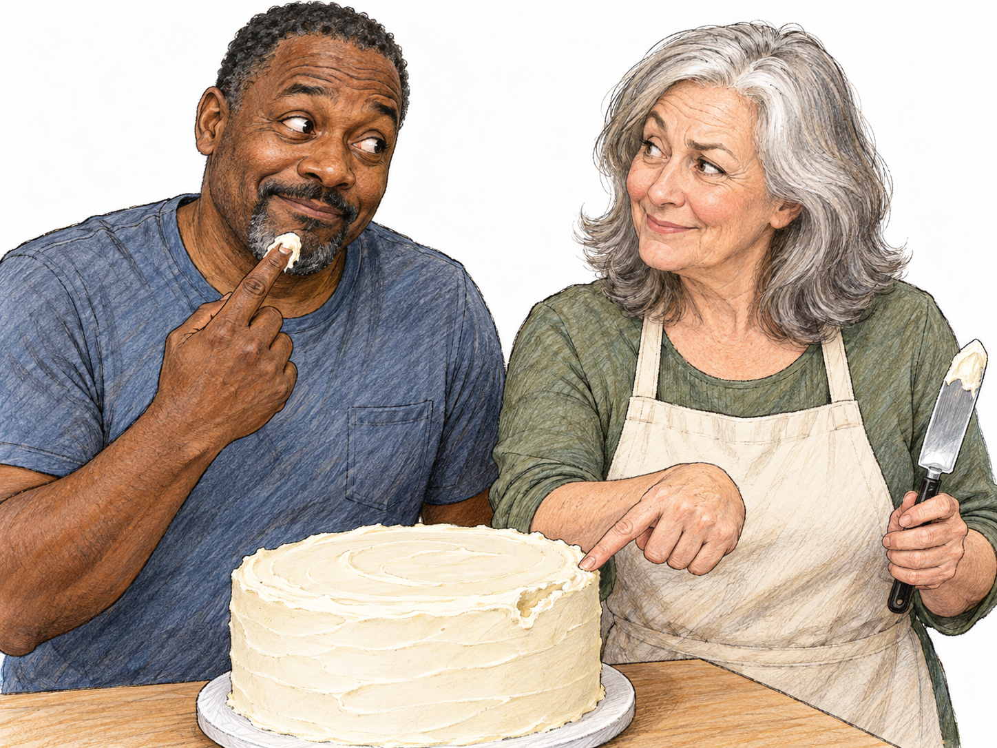 A man is caught sneaking a fingerful of frosting from a freshly iced cake.