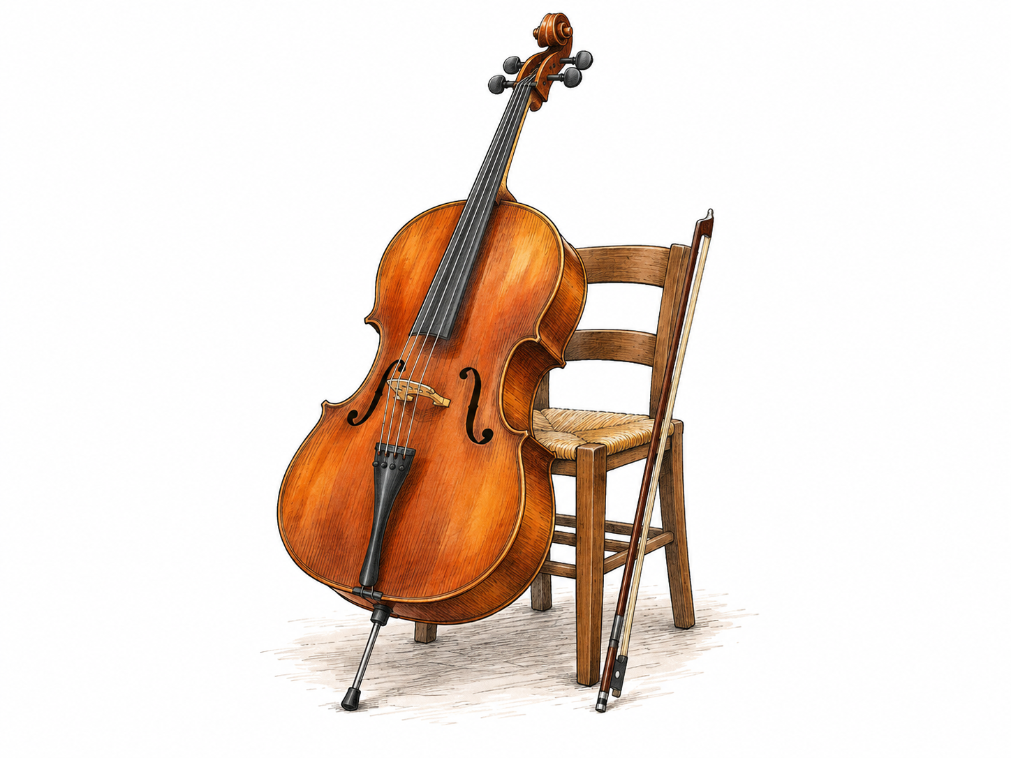 Full-sized cello with bow beside it, curved body, four strings, endpin and low chair indicate scale.
