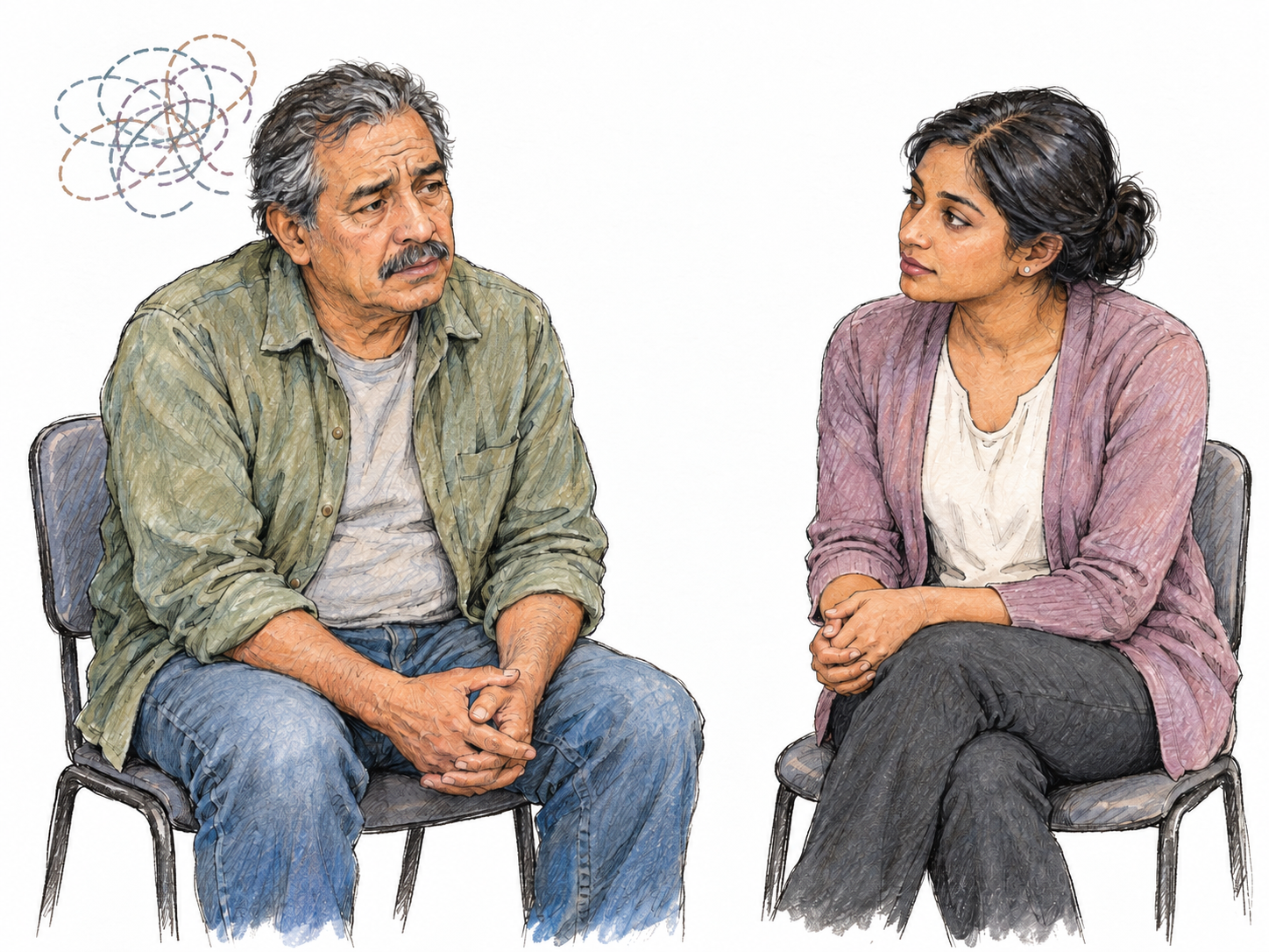An older man experiencing difficulty organizing thoughts and perceptions sits with a calm clinician.