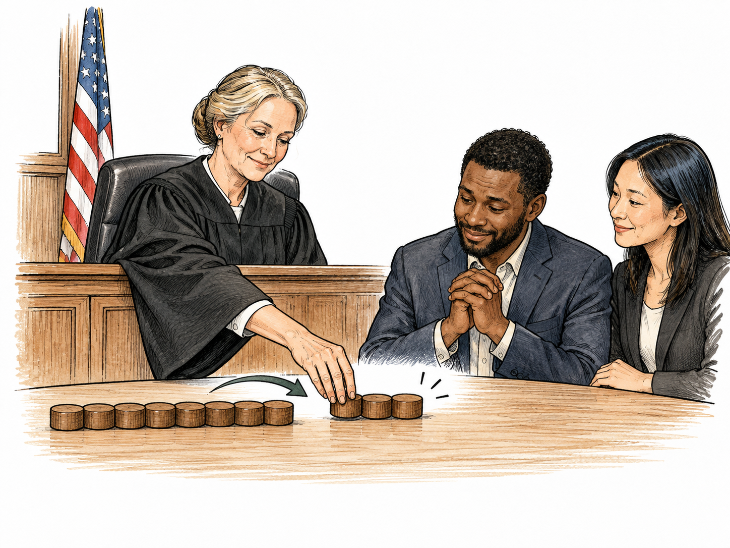 A judge replaces a long plain chain-like row of wooden sentence tokens with a much shorter row before a relieved person and lawyer, symbolic reduction of penalty.