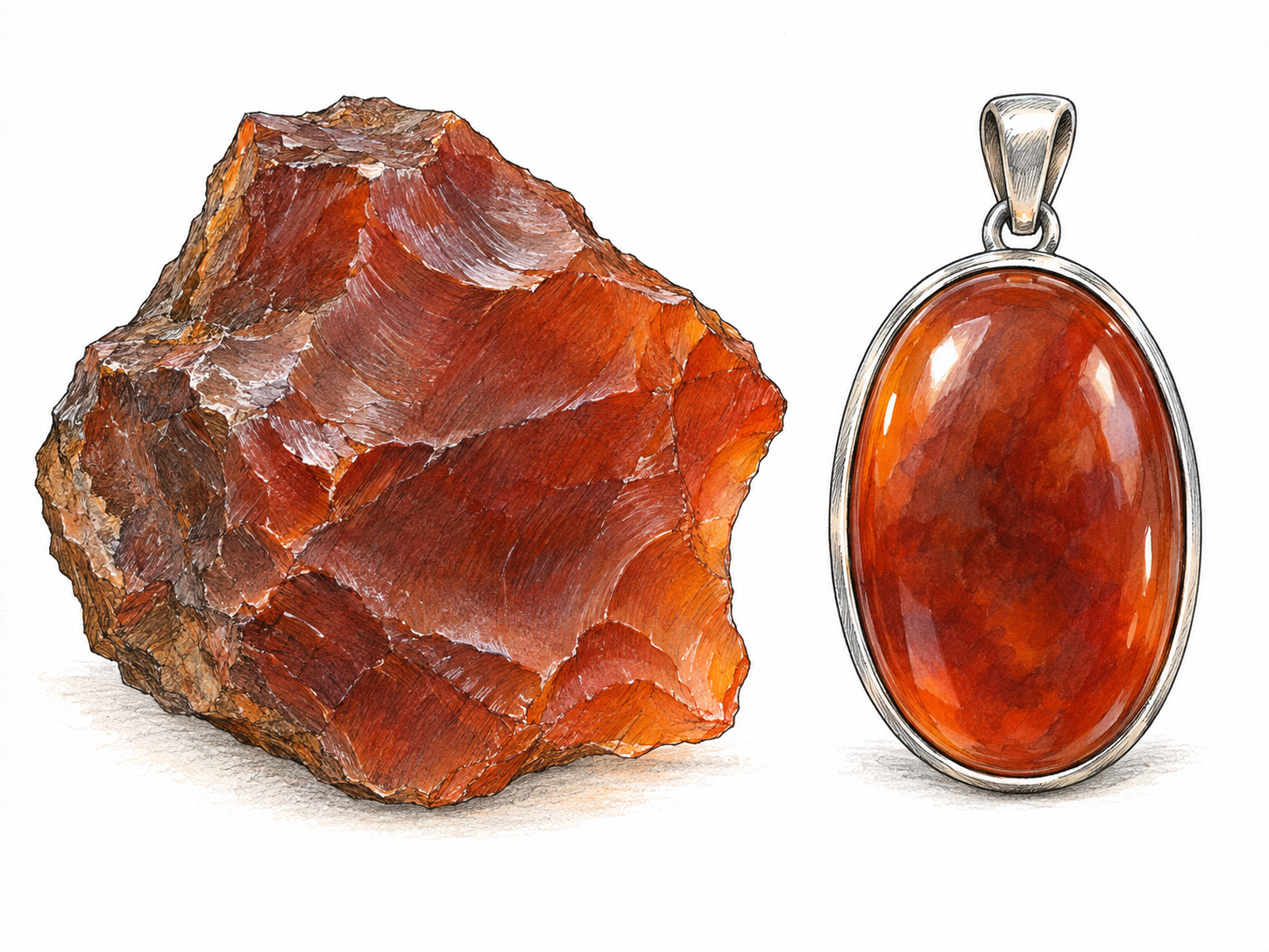 A reddish-brown carnelian specimen beside a polished oval carnelian cabochon in a simple open-backed silver pendant, showing both the mineral's waxy translucency and its use as a gemstone.