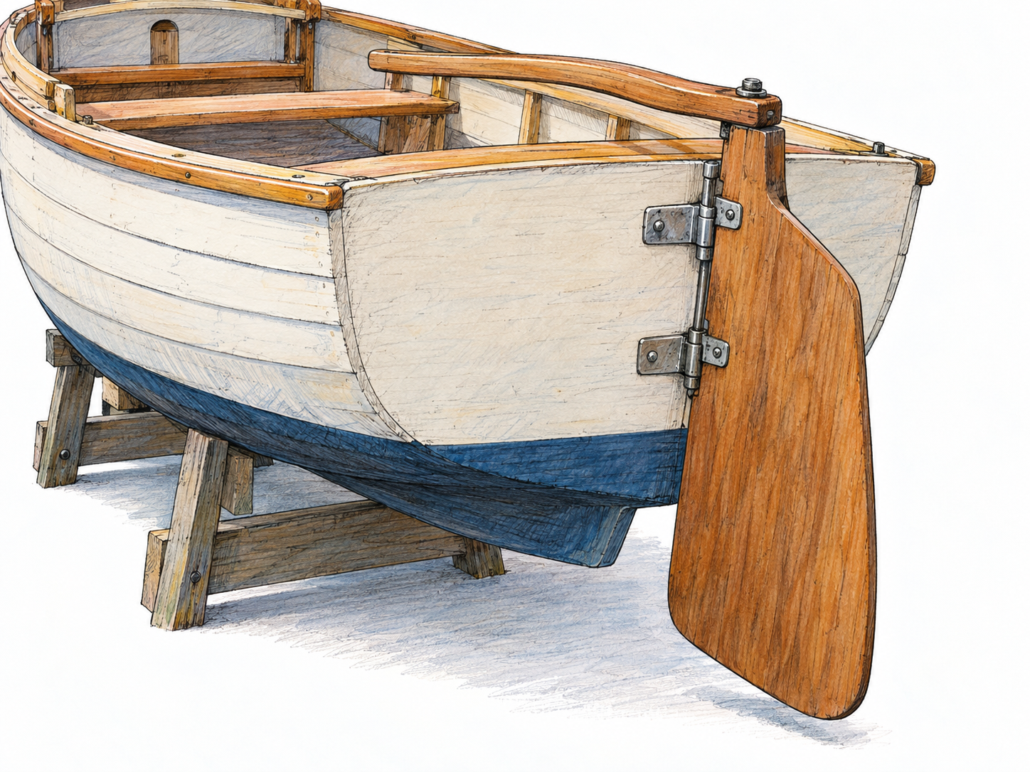 A close three-quarter view of a small sailboat’s stern, emphasizing its external rudder blade turned on visible hinges and connected to a tiller.