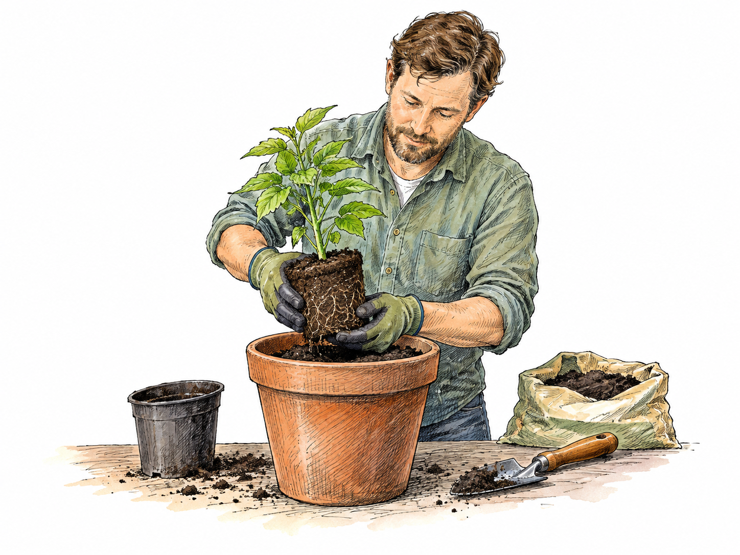 Gardener lifts a young seedling with intact rootball from small pot into prepared larger pot, correct planting depth, transplant action clear.