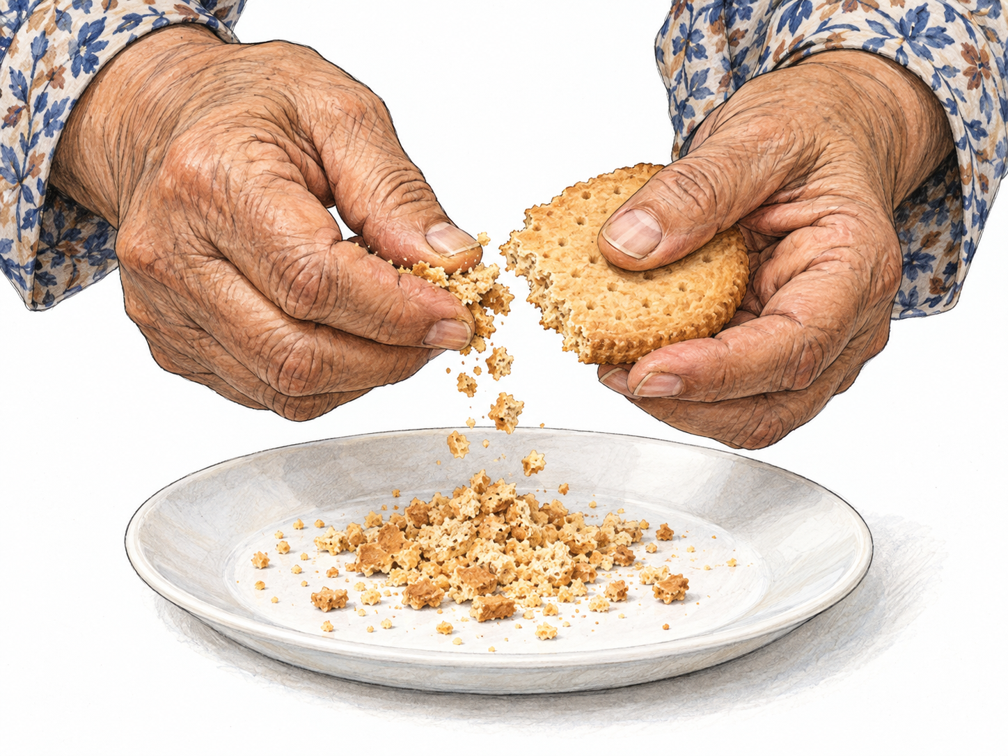Close-up of an older woman's hands crumbling a dry biscuit over a plain plate, with irregular crumbs visibly falling from the broken edge.