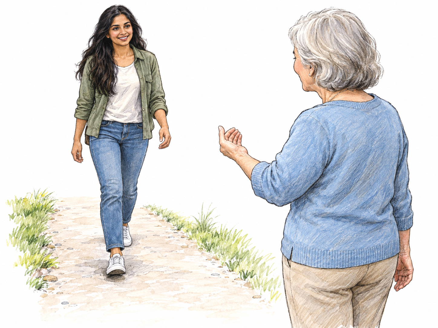 An older woman in the immediate foreground beckons a younger woman toward the spot beside her; the younger woman is visibly walking toward that foreground destination.