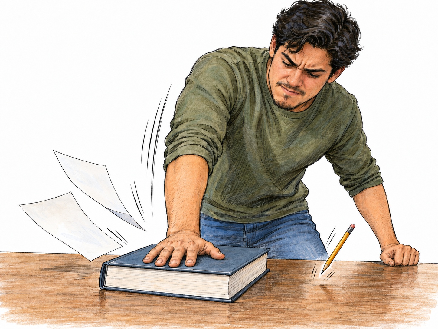 A man forcefully slams a thick hardcover book flat onto a table, caught at impact as loose sheets lift and a nearby pencil bounces.