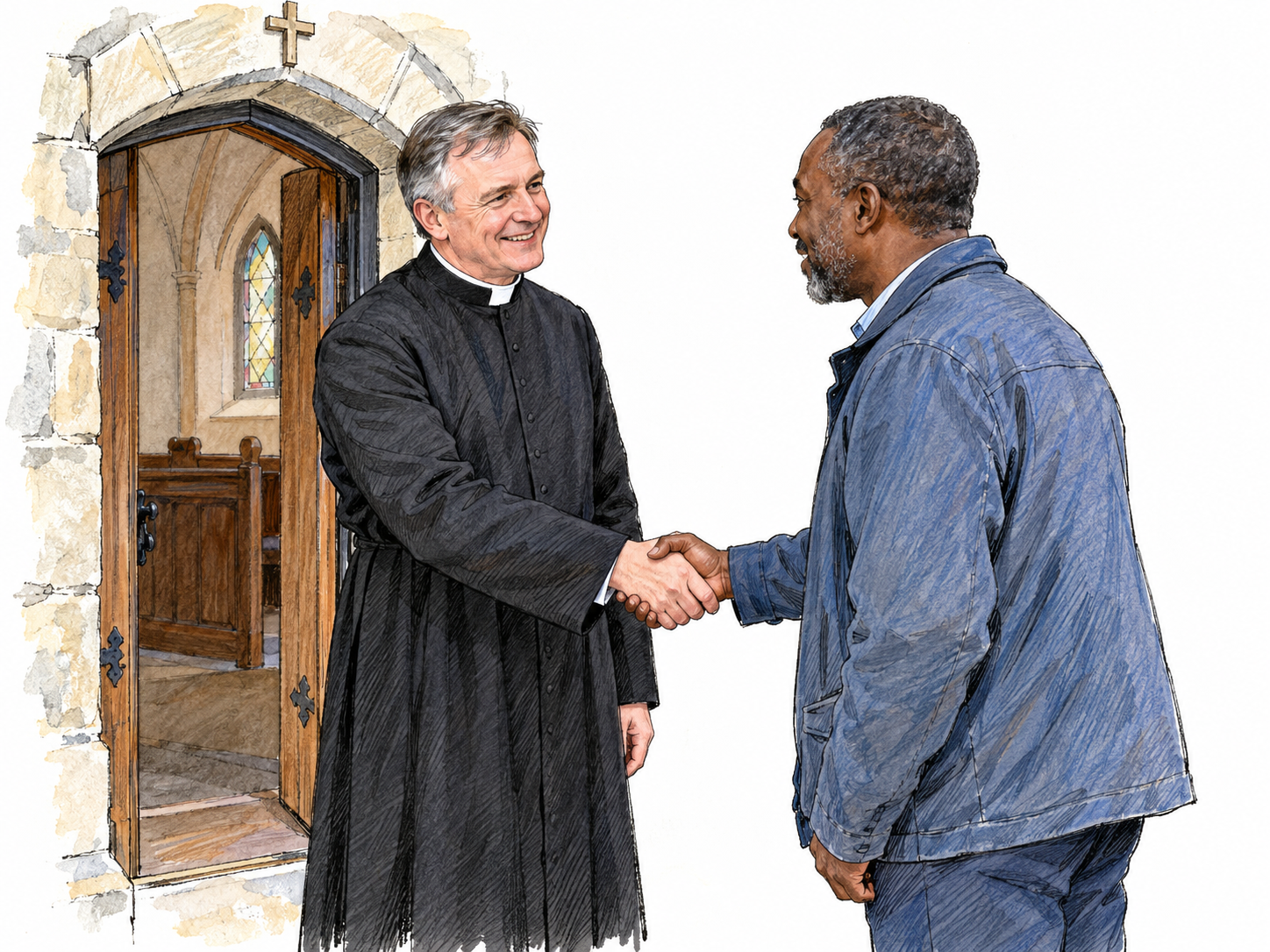 A local parish vicar in a clerical collar and simple cassock welcomes a parishioner at the open doorway of a small church.