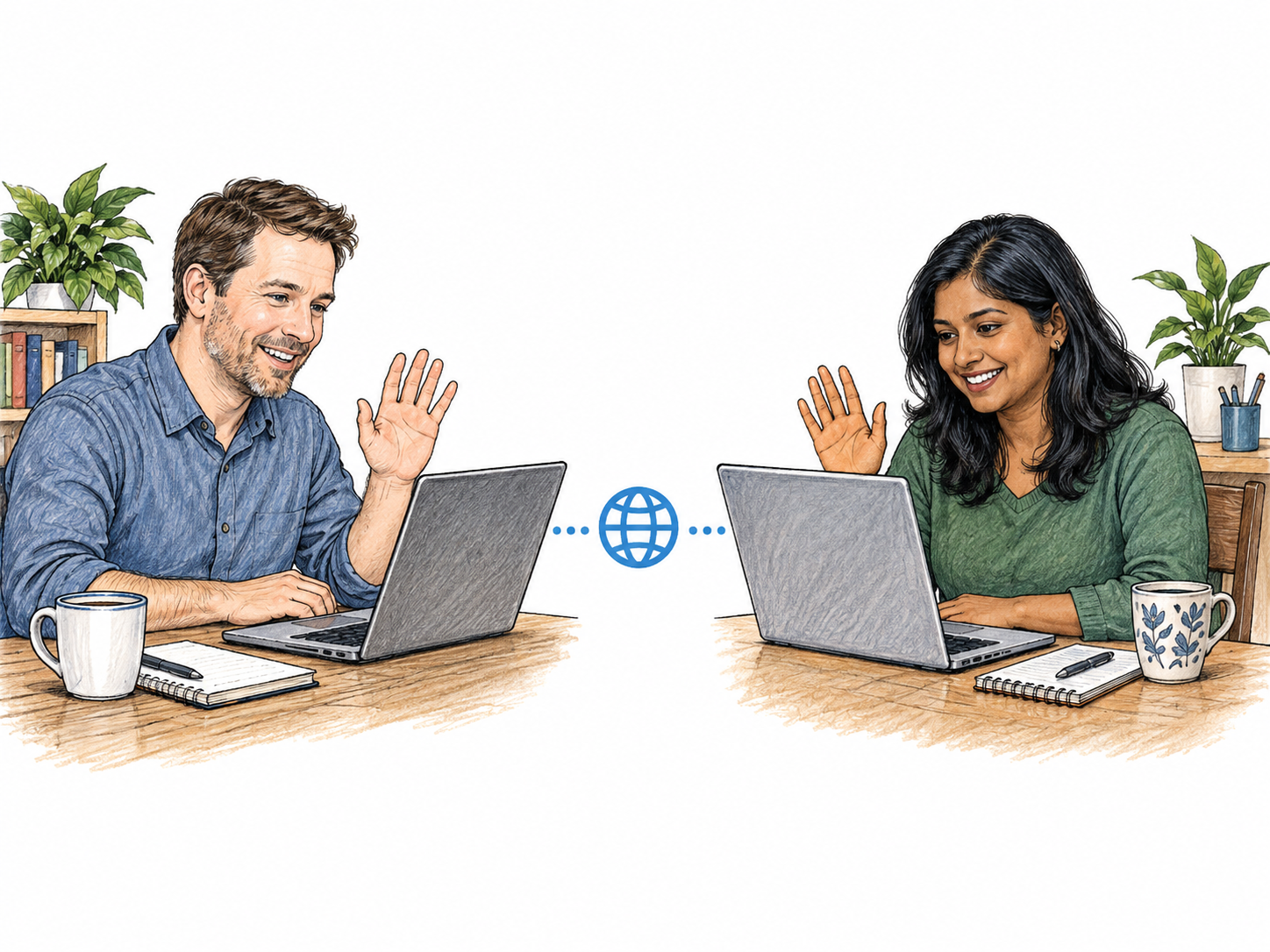 Two adults in separate small home-workspace vignettes communicate through an active laptop video connection; a short functional network-link symbol connects the screens, no app branding or writing.
