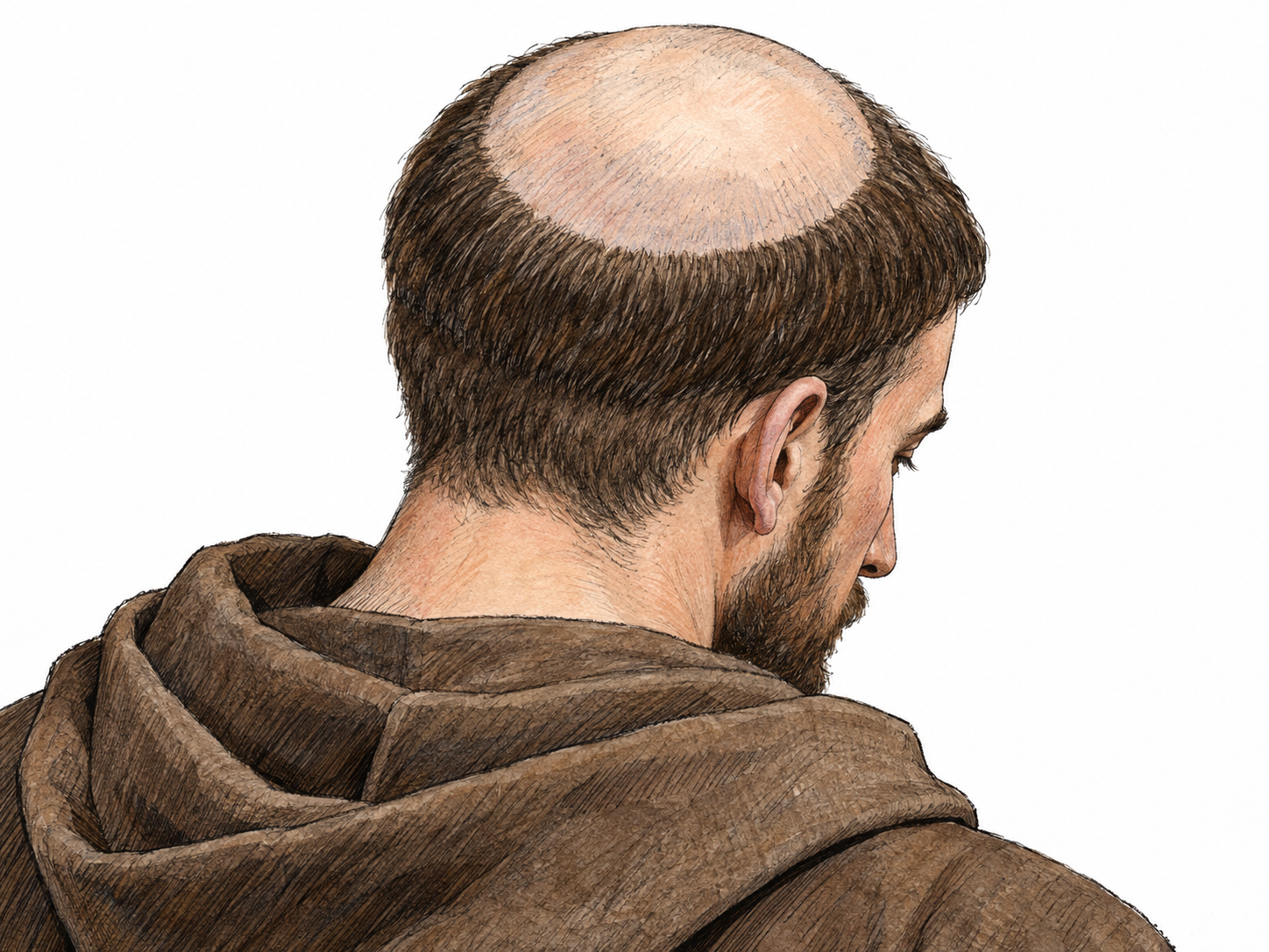 An elevated rear three-quarter portrait of a medieval Western European monk, showing a cleanly shaved circular crown surrounded by a continuous ring of short hair.