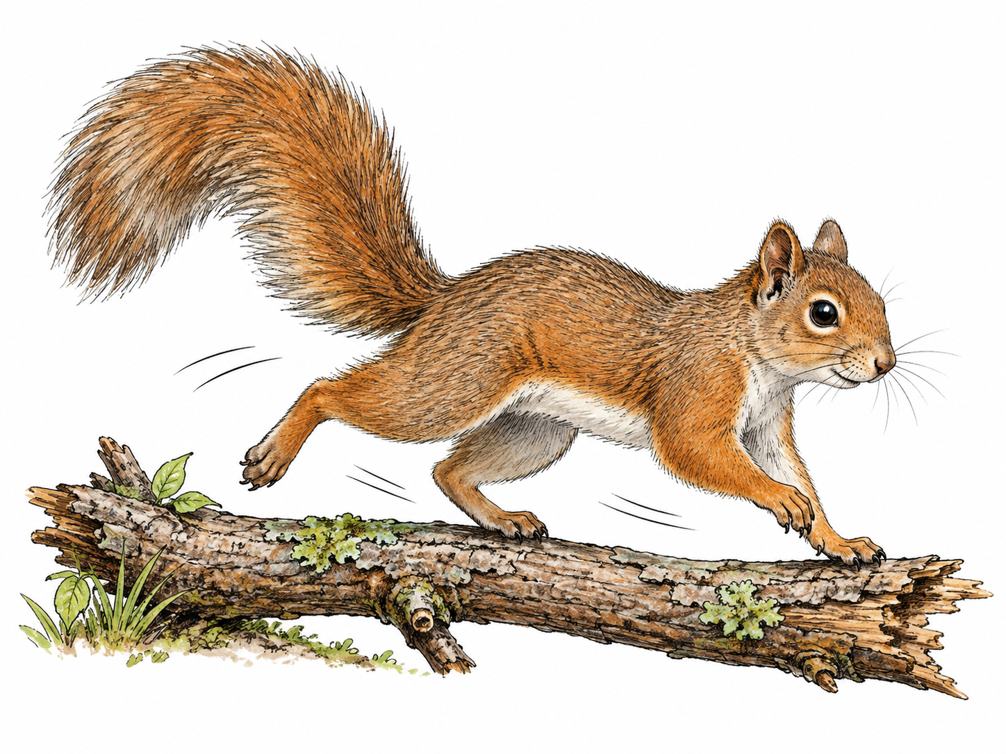 A squirrel scampers with light quick steps across a short fallen branch; natural animal anatomy and sparse motion strokes.