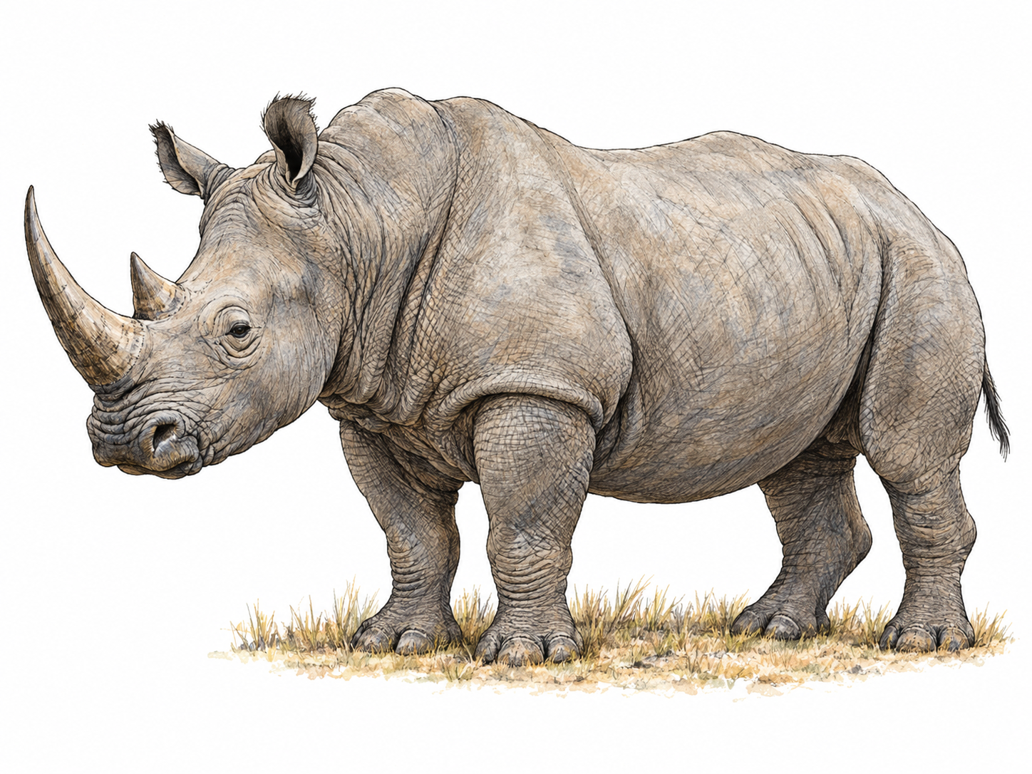 A single adult white rhinoceros in three-quarter side view, showing its massive body, thick folded gray skin and two clearly visible horns on its nose.