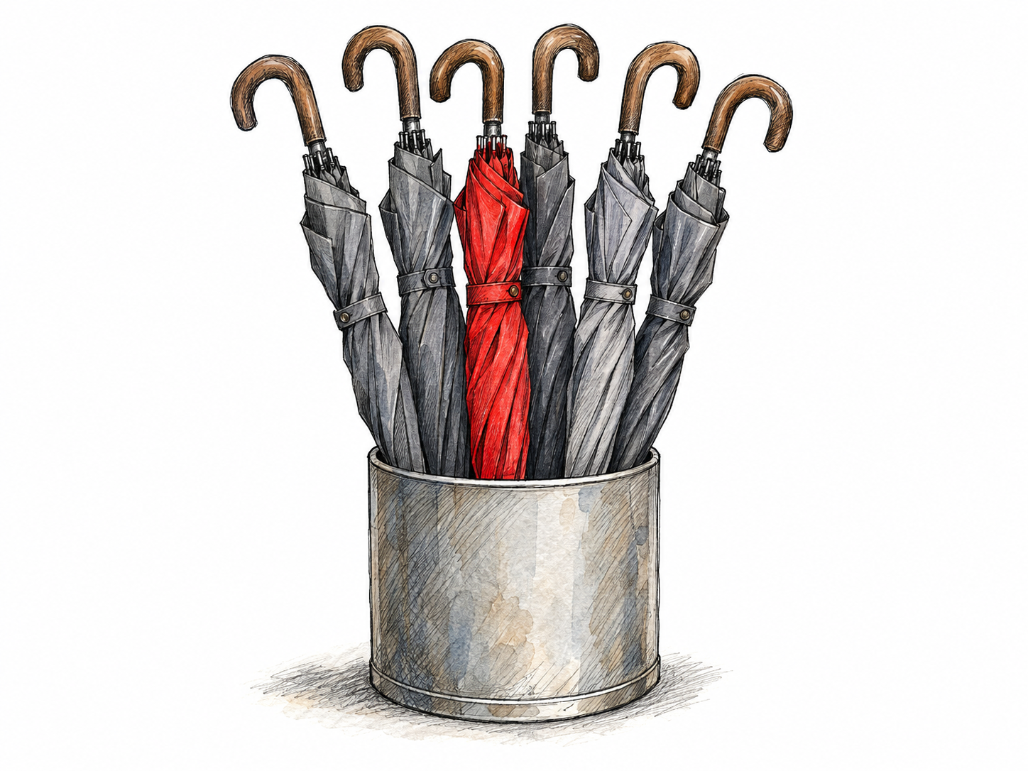 One bright red umbrella stands out conspicuously among five closed gray umbrellas in a plain umbrella stand.