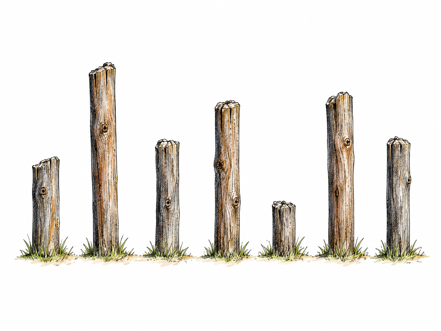 A row of seven upright fence posts has conspicuously uneven gaps and unequal heights, irregular pattern obvious; isolated objects, no landscape.
