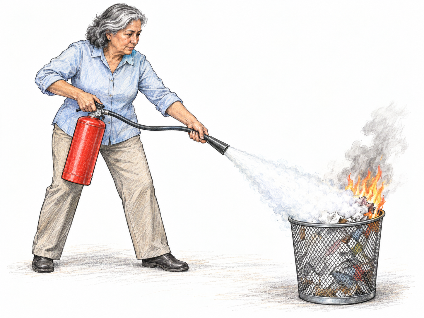 An older woman quells a small wastebasket fire with a fire extinguisher; the directed spray visibly smothers the flames.